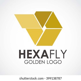 Hexagon of gold wing abstract vector and logo design or template fly business icon of company identity symbol concept