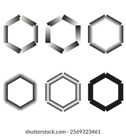 Hexagon gradient shapes. Black and gray tones. Geometric vector designs. Abstract minimalistic forms.
