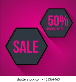 Hexagon gray banner on violet background. Flat design. Vector illustration.