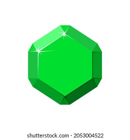 Gema verde hexagonal. Vista superior de Esmeralda. Ilustración vectorial de dibujos animados aislada en fondo blanco