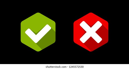 Hexagon with Green and Red Check Mark Yes or No Icons Vector