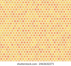 Hexagon grid background. Bold rounded hexagons mosaic cells with padding and inner solid cells. Orange color tones. Hexagon shapes. Tileable pattern. Seamless vector illustration.