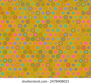 Hexagon grid background. Geometric elements of varied style and color. Honeycomb geometric shapes. Tileable pattern. Seamless background. Vibrant vector illustration.