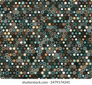 Hexagon grid background. Geometric elements of varied style and color. Hexagon shapes. Tileable pattern. Seamless background. Vibrant vector illustration.