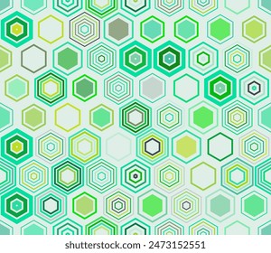 Hexagon grid background. Geometric shapes of varied style and color. Honeycomb cells. Tileable pattern. Seamless background. Vibrant vector illustration.