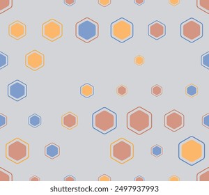 Hexagon grid background. Multicolored geometric elements of varied size. Rounded hexagons mosaic cells with padding and inner solid cells. Large hexagon shapes. Tileable pattern.