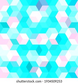 Hexagon grid blue pink seamless vector background. Childish polygons six corners geometric design. Trendy colors hexagon cells pattern for game ui. Honeycomb cube shapes mosaic.