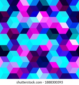 Hexagon grid blue seamless vector background. Childish polygons six corners geometric design. Trendy colors hexagon cells pattern for game ui. Honeycomb cube shapes mosaic.