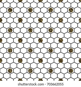 Hexagon grid cells glitter polka vector seamless pattern. Hexagonal tile background in black, gold and white.
