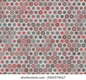 Hexagon grid pattern. Geometric elements of varied style and color. Honeycomb geometric shapes. Tileable pattern. Seamless background. Vibrant vector illustration.