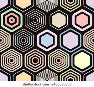 Hexagon grid pattern. Geometric elements of varied style and color. Large hexagons. Tileable pattern. Seamless background. Vibrant vector illustration.