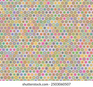 Hexagon grid pattern. Geometric elements of varied style and color. Hexagon shapes. Tileable pattern. Seamless background. Vibrant vector illustration.