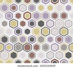 Hexagon grid pattern. Geometric shapes of varied styles. Honeycomb cells. Tileable pattern. Seamless background. Vibrant vector illustration.