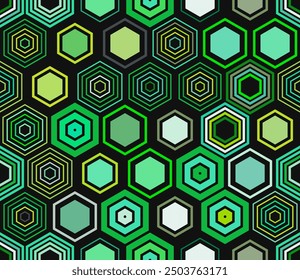 Hexagon grid pattern. Geometric shapes of varied style and color. Large honeycomb cells. Tileable pattern. Seamless background. Vibrant vector illustration.