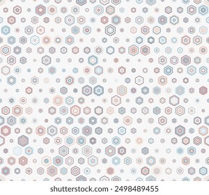 Hexagon grid pattern. Multicolored geometric elements of varied size. Rounded stacked hexagons mosaic cells. Honeycomb geometric shapes. Tileable pattern. Seamless vector illustration.