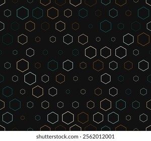 Hexagon grid pattern. Multicolored geometric elements of varied size. Stacked hexagons mosaic pattern. Hexagonal shapes. Tileable design. Seamless vector illustration.