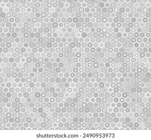 Hexagon grid pattern. Rounded stacked hexagons mosaic cells. Grey color tones. Hexagon shapes. Tileable pattern. Seamless vector illustration.