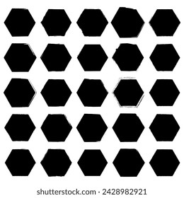 Patrón de rejilla hexagonal. Trazos de pincel variados. Formas geométricas negras. Ilustración vectorial. EPS 10.