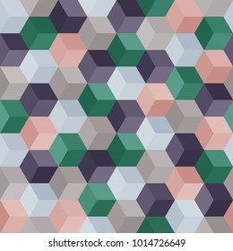 Hexagon grid seamless vector background.  Bright polygons with six corners geometric graphic design.  Trendy colors hexagon cells pattern for banner or cover.  Hexagonal shapes modern backdrop.