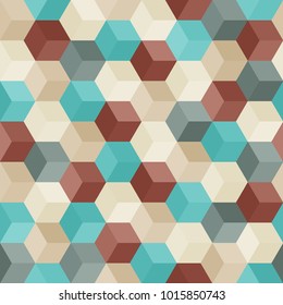 Hexagon grid seamless vector background.  Creative polygons with six corners geometric graphic design.  Trendy colors hexagon cells tile pattern for banner or cover.  Honeycomb cube shapes mosaic.