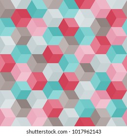 Hexagon grid seamless vector background.  Cool polygons with six corners geometric graphic design.  Trendy colors hexagon cells pattern for banner or card.  Honeycomb shapes mosaic backdrop.