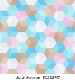 Hexagon grid seamless vector background.  Cool polygons with six corners geometric graphic design.  Trendy colors hexagon cells pattern for banner or cover.  Honeycomb cubic shapes mosaic.