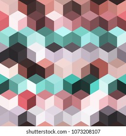 Hexagon grid seamless vector background. Cool polygons with six corners geometric graphic design. Trendy colors hexagon cells pattern for flyer or cover. Honeycomb cube shapes mosaic.