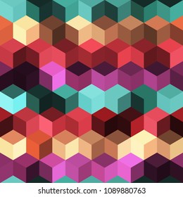 Hexagon grid seamless vector background. Colorful polygons six corners geometric design. Trendy colors hexagon cells pattern for card or cover. Honeycomb cube shapes mosaic.
