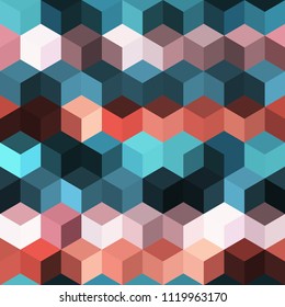 Hexagon grid seamless vector background. Minimal polygons six corners geometric design. Trendy colors hexagon cells pattern for web or cover. Honeycomb cube shapes mosaic.