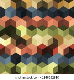 Hexagon grid seamless vector background. Minimal polygons with bauhaus corners geometric graphic design. Trendy colors hexagon cells pattern for web or cover. Honeycomb cube shapes mosaic.