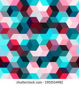 Hexagon grid seamless vector background. Many polygons bauhaus corners geometric design. Trendy colors hexagon cells pattern for game background. Hexagonal shapes modern backdrop.
