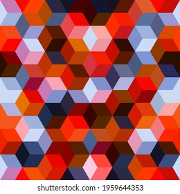 Hexagon grid seamless vector background. Random polygons bauhaus corners geometric design. Trendy colors hexagon cells pattern for game ui. Hexagonal shapes modern backdrop.
