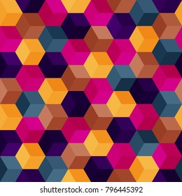 Hexagon grid seamless vector background.  Laconic polygons with six corners geometric graphic design.  Trendy colors hexagon cells pattern for banner or cover.  Honeycomb cubic shapes mosaic.