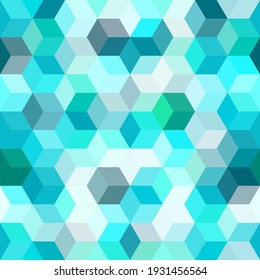 Hexagon grid teal blue seamless vector background. Childish polygons six corners geometric design. Trendy colors hexagon cells pattern for game ui. Honeycomb cube shapes mosaic.