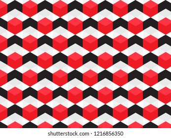 Hexagon grid vector background. Childish polygons six corners geometric design. Trendy colors hexagon cells pattern. Red, white and black colors Honeycomb cube shapes mosaic.