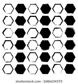 Sechseck-Grunge-Muster. Geometrisches, unordentliches Shape. Schwarz-weißer Hintergrund. Vektorrohes Element. EPS 10.