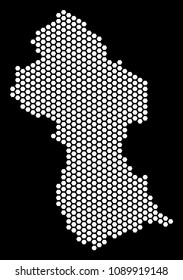 Hexagon Guyana map. Vector territorial scheme on a black background. Abstract Guyana map collage is combined with hexagon items.