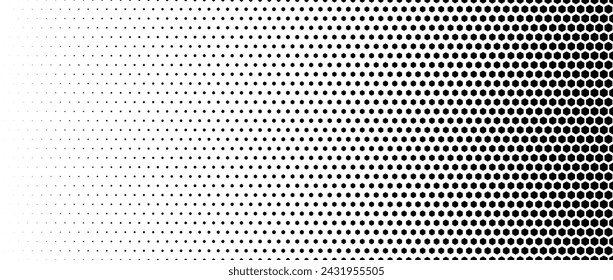 Textura de degradado de semitonos hexagonales. Fondo abstracto de gradación hexagonal en blanco y negro. Fondo de pantalla geométrico retro tech. Fondo de patrón hexagonal descolorido. Vector de desvanecimiento de panal grunge superposición