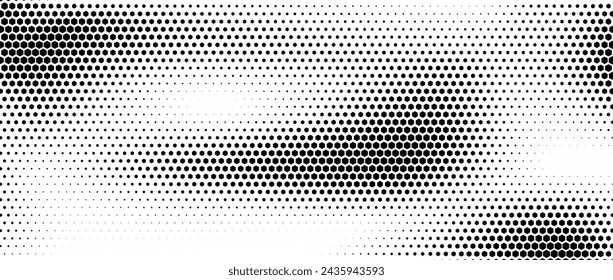 Hexagon halftone gradient texture. Abstract black and white spotted background. Geometric retro tech wallpaper. Fading wavy hexagonal pattern backdrop. Vector vanishing honeycomb grunge overlay