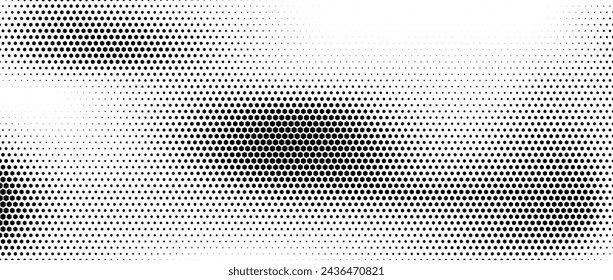 Hexagon halftone gradient texture. Abstract black and white spotted grunge background. Geometric retro tech wallpaper. Fading wavy hexagonal pattern backdrop. Vector vanishing honeycomb grunge overlay