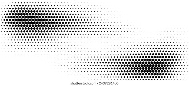 Textura de degradado de semitonos hexagonales. Fondo negro abstracto del grunge. Fondo de pantalla técnico geométrico retro de medio tono. Fondo de patrón hexagonal ondulado. Vector desvanecimiento panal grunge bitmap superposición