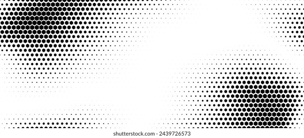 Hexagon halftone gradient texture. Abstract black grunge background. Geometric retro halftone tech overlay. Fading wavy hexagonal pattern backdrop. Vector vanishing honeycomb grunge bitmap wallpaper