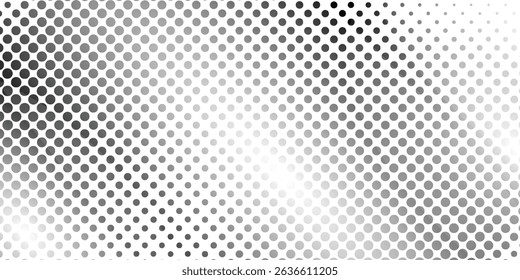 Hexagon halftone gradient texture. Abstract black grunge background. Geometric retro halftone tech overlay. Fading wavy hexagonal pattern backdrop. Vector vanishing honeycomb grunge modern