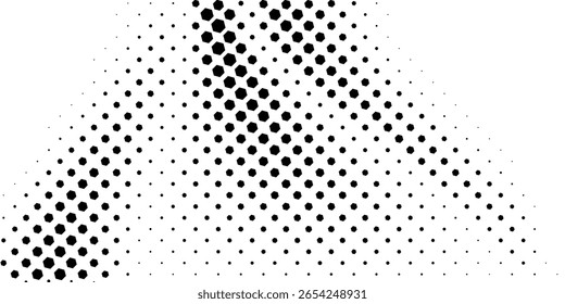 Hexagon halftone gradient texture. Abstract black and white spotted grunge background. Geometric retro tech wallpaper. Fading wavy hexagonal pattern backdrop. Vector vanishing honeycomb grunge