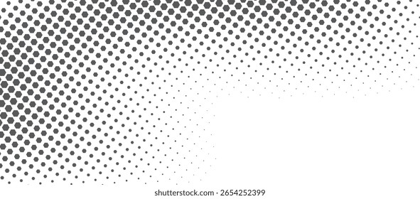 Hexagon halftone gradient texture. Abstract black grunge background. Geometric retro halftone tech overlay. Fading wavy hexagonal pattern backdrop. Vector
