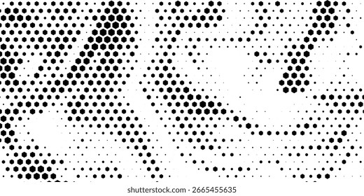 Textura de gradiente de meio-tom hexágono. Fundo preto abstrato grunge. Sobreposição de tecnologia de meio-tom retro geométrico. Tela de fundo de padrão hexagonal ondulado esmaecida. Papel de parede de bitmap grunge de favo de mel de desaparecimento de vetor
