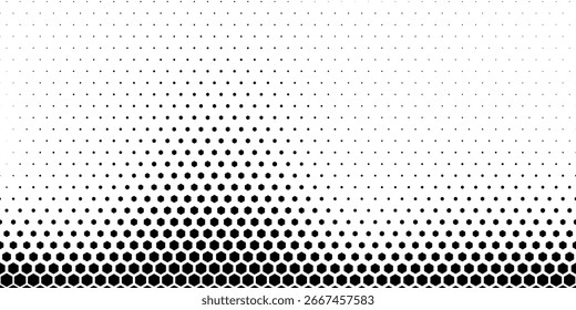 Textura de gradiente de meio-tom hexágono. Fundo preto abstrato grunge. Sobreposição de tecnologia de meio-tom retro geométrico. Tela de fundo de padrão hexagonal ondulado esmaecida. Papel de parede vetorial
