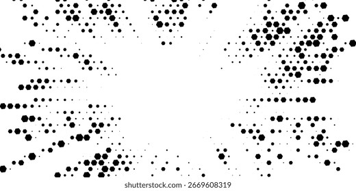 Hexagon halftone gradient texture. Abstract black grunge background. Geometric retro halftone tech overlay. Fading wavy hexagonal pattern backdrop. 