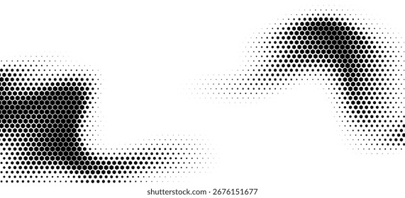 Textura de gradiente de semitono hexagonal. Abstractas grunge negro. Fondo de pantalla técnico geométrico retro de medio tono. Fondo de patrón hexagonal ondulado desvanecido. Superposición de mapa de bits de grunge de panal de abeja que desaparece de Vector

