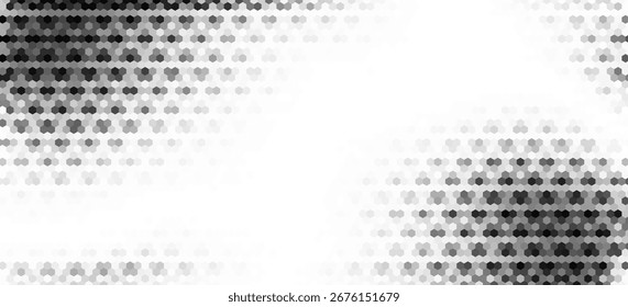 Hexagon halftone gradient texture. Abstract black grunge. Geometric retro halftone tech wallpaper. Fading wavy hexagonal pattern backdrop. Vector vanishing honeycomb grunge bitmap overlay

